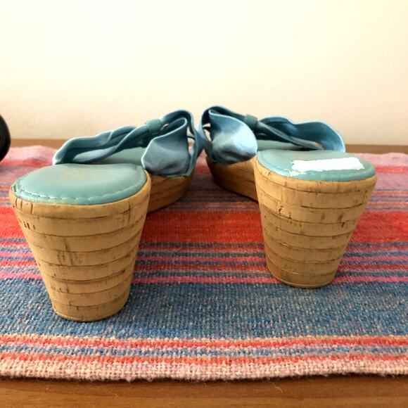 Vintage Italian Shoemakers Wedge Sandals Size 8 Blue Fabric Cork 90s Y2K - Picture 6 of 11